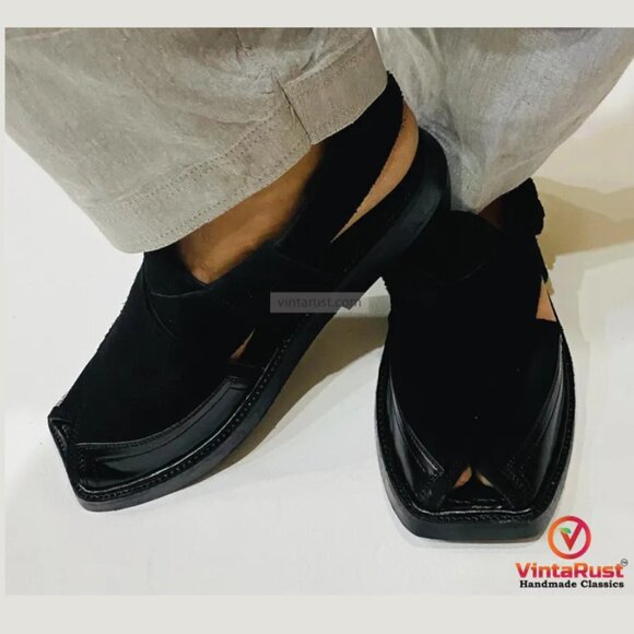 Black Handcrafted Causal Wear Peshawari Sandals, Black Peshawari Chappal